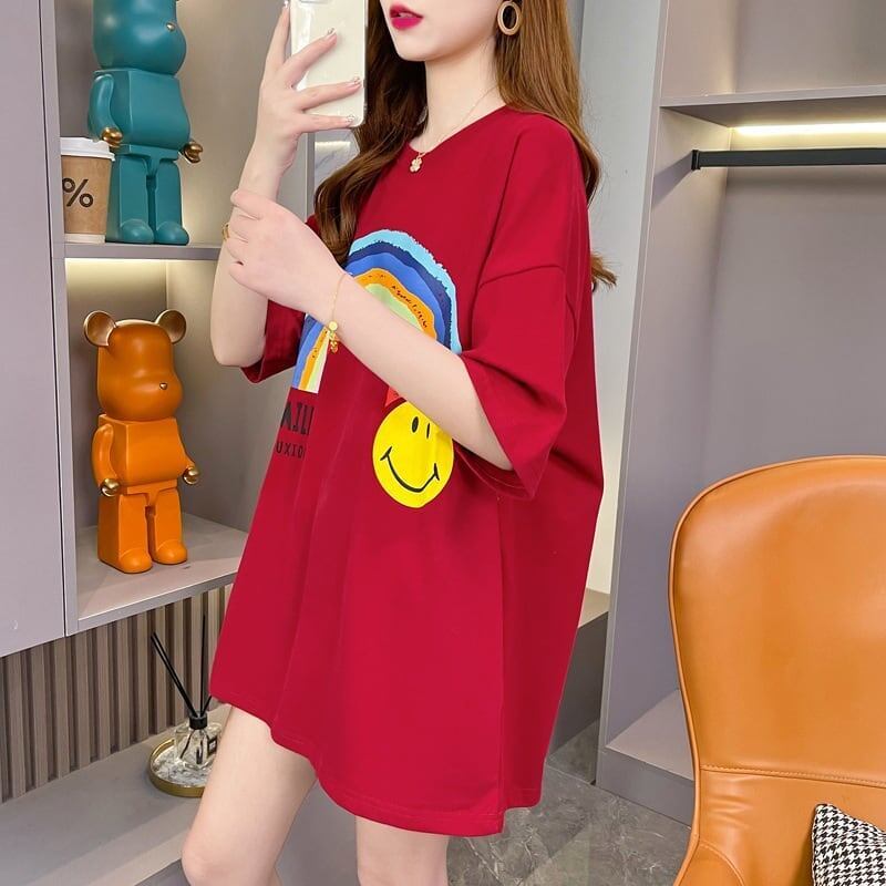 レインボースマイリーファッションオールマッチルーズ半袖Tシャツ<S-2860>