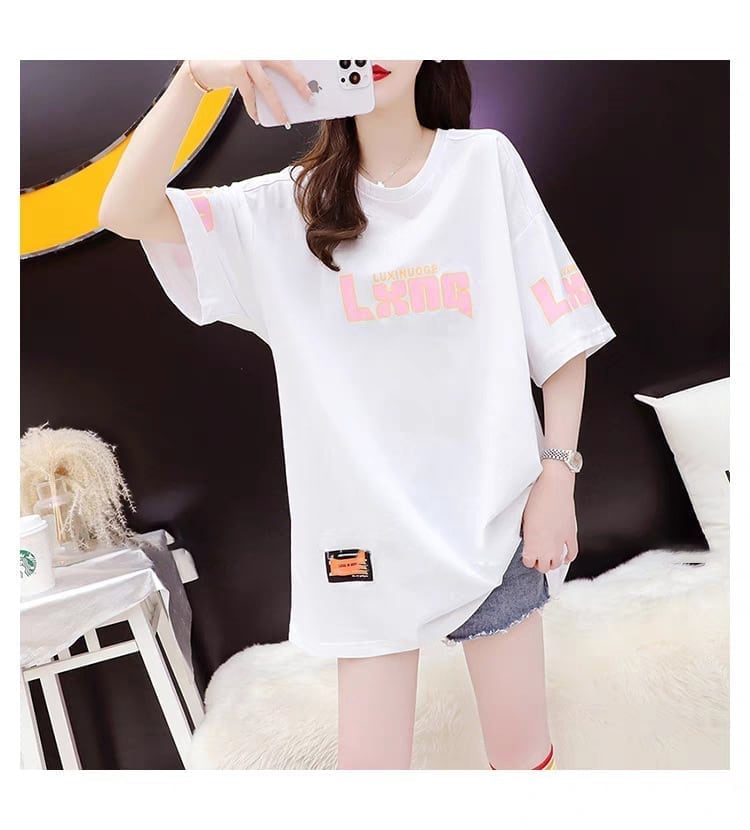 質感のいい アルファベット 熊柄 ドロップショルダー オーバーサイズ Tシャツ ＜S-2878＞
