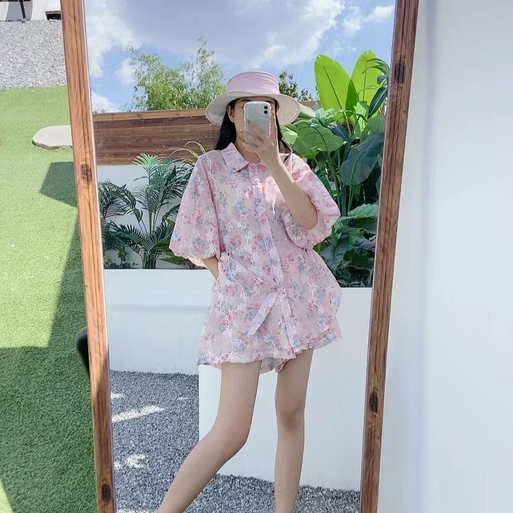 新商品 花柄 大人可愛い シャツ＋ショートパンツ セットアップ＜S-9001＞