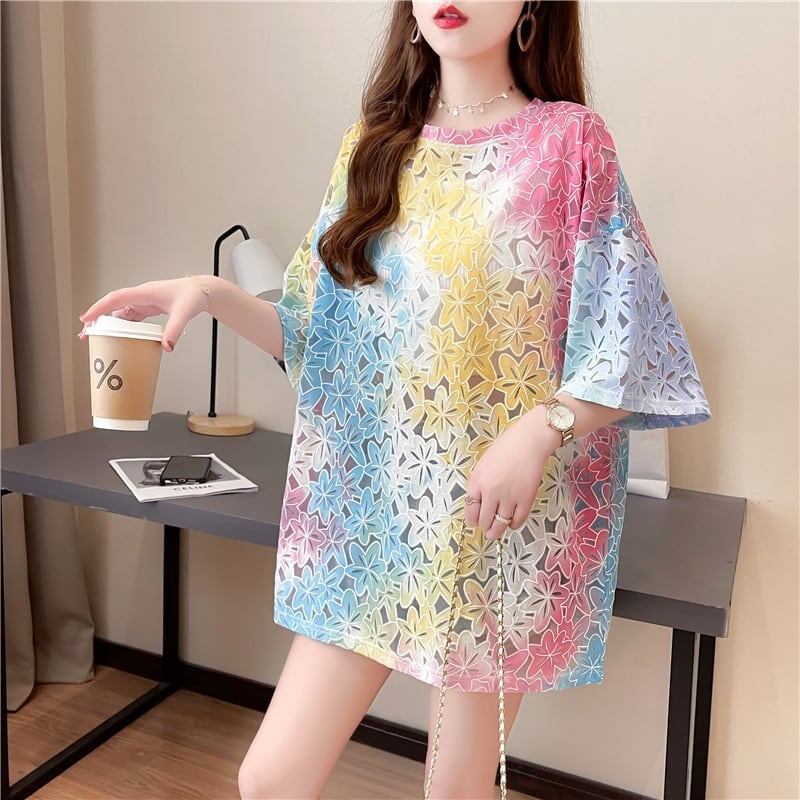 オシャレ度満点 ラウンドネック スタイリッシュ 透かし彫り Tシャツ カットソー＜S-2957＞