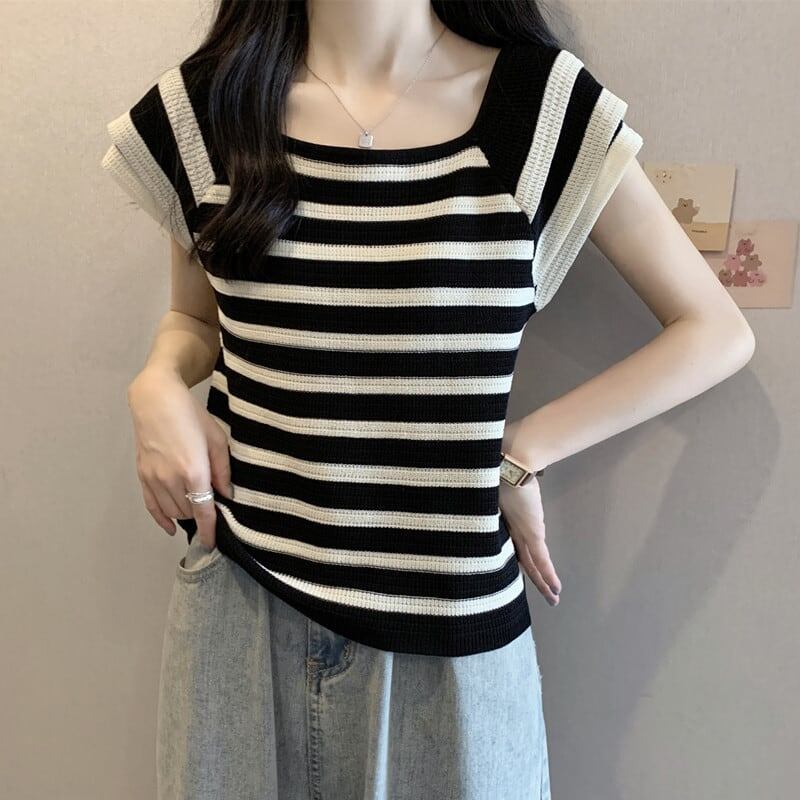 今季マストバイ ファッション カジュアル エレガント ストライプ柄 Tシャツ<S-8339>