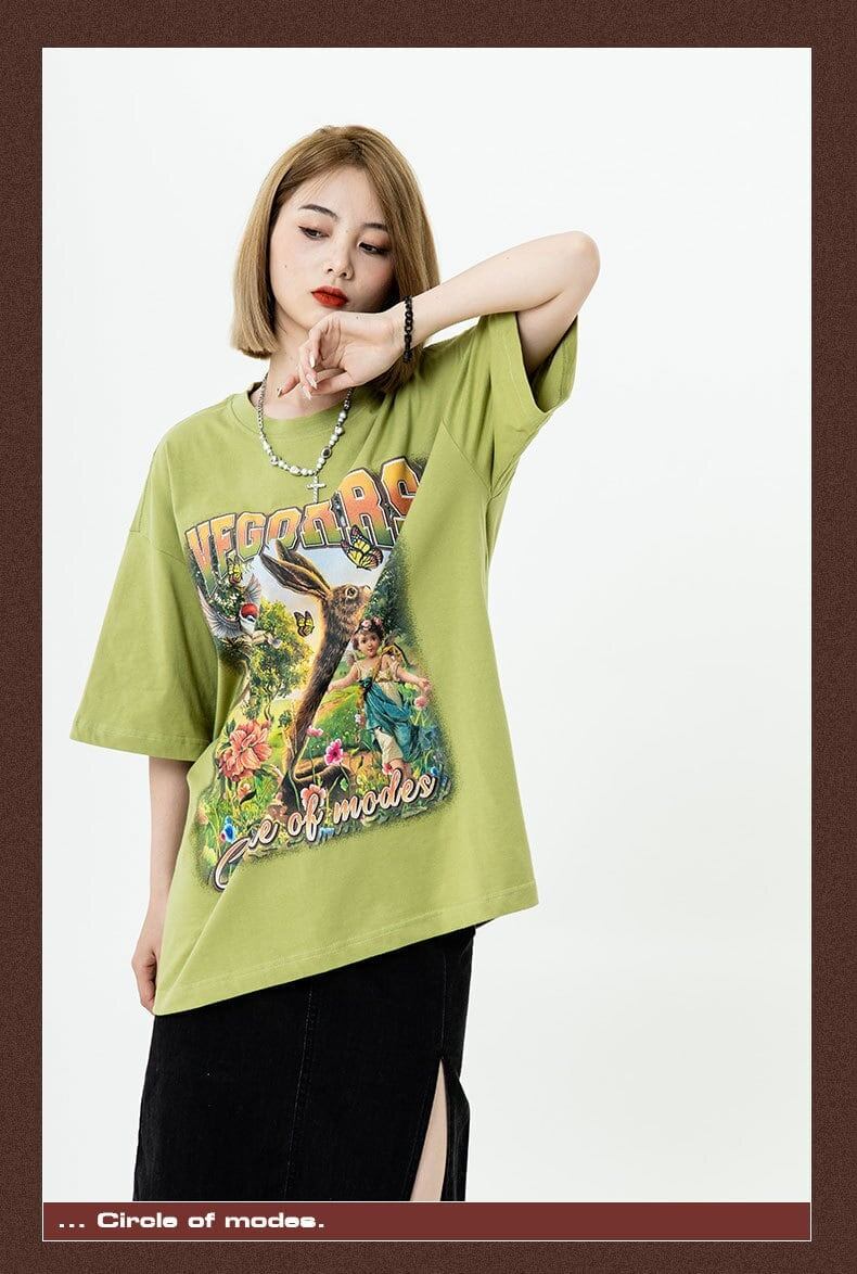 アメリカンレトロ絵画ウサギ半袖Tシャツカップル男女同スタイル<S-2910>
