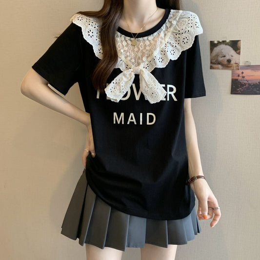 超人気 レース スウィート 切り替え プリント 3色選択 半袖Tシャツ＜S-8825＞
