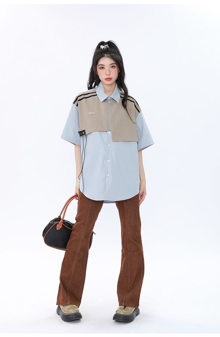 期間限定 ファッション 個性派 レイヤード風 切り替え プリント全3色 男女兼用 半袖Tシャツ<S-9044>