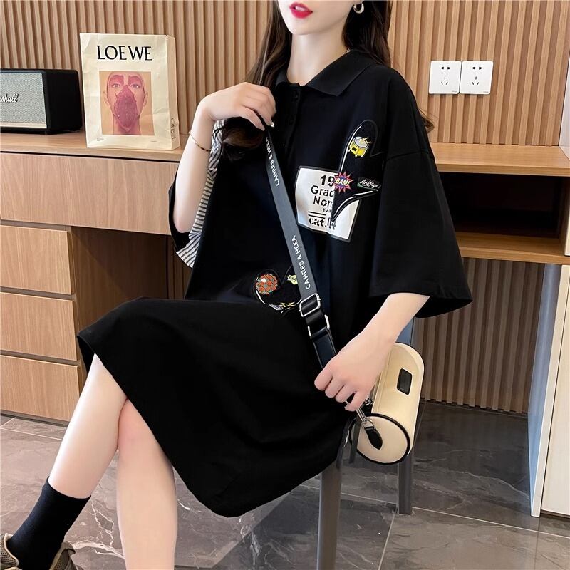 POLOネック 切り替え ストライプ柄 ロング Tシャツ ゆったりワンピース ＜S-3031＞