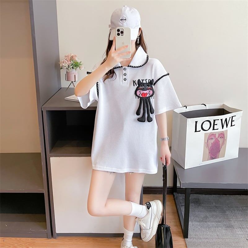 美人度アップ 折り襟 ワッフル ぬいぐるみ付き ロング Tシャツ ゆったり半袖 ＜S-2930＞