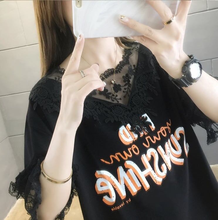 エレガントなレースステッチ半袖Tシャツ<S-3030>