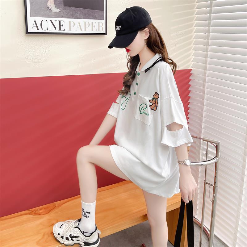 POLOネック ポケット ベアー レース ロング Tシャツ 三色 ゆったりワンピース＜S-3991＞