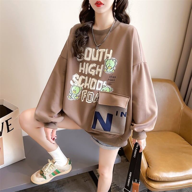 デザインされたビッグポケット漫画長袖Tシャツ<S-5118>