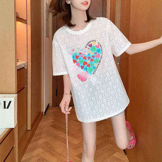 新商品 透かし彫り キュート ゆったり 半袖Tシャツ＜S-8422＞