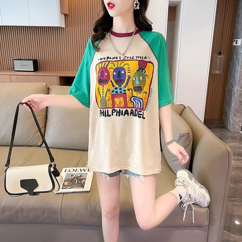 デザインセンスアメリカンレトロ漫画プリント半袖Tシャツニッチカラーマッチングトップスイン潮<S-2872>