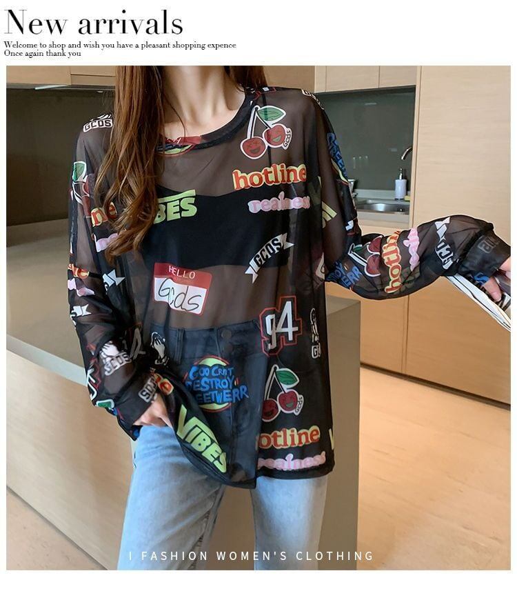 超人気 ルーズ 個性派 日焼け防止に透け感 Tシャツ＜S-8052＞