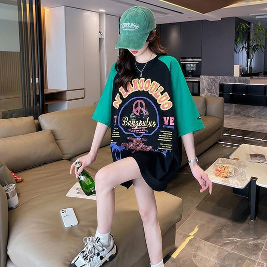 夏新作 配色 プリント ロング ラグランTシャツ 三色 ゆったりワンピース ＜S-4003＞