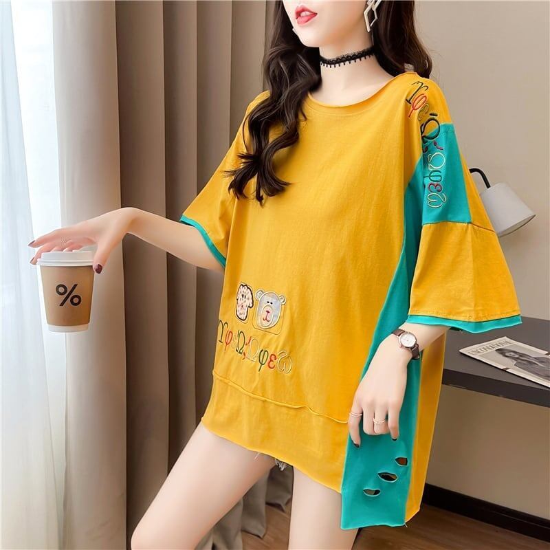 韓国風漫画刺繍ワッペン半袖Tシャツ<S-2991>