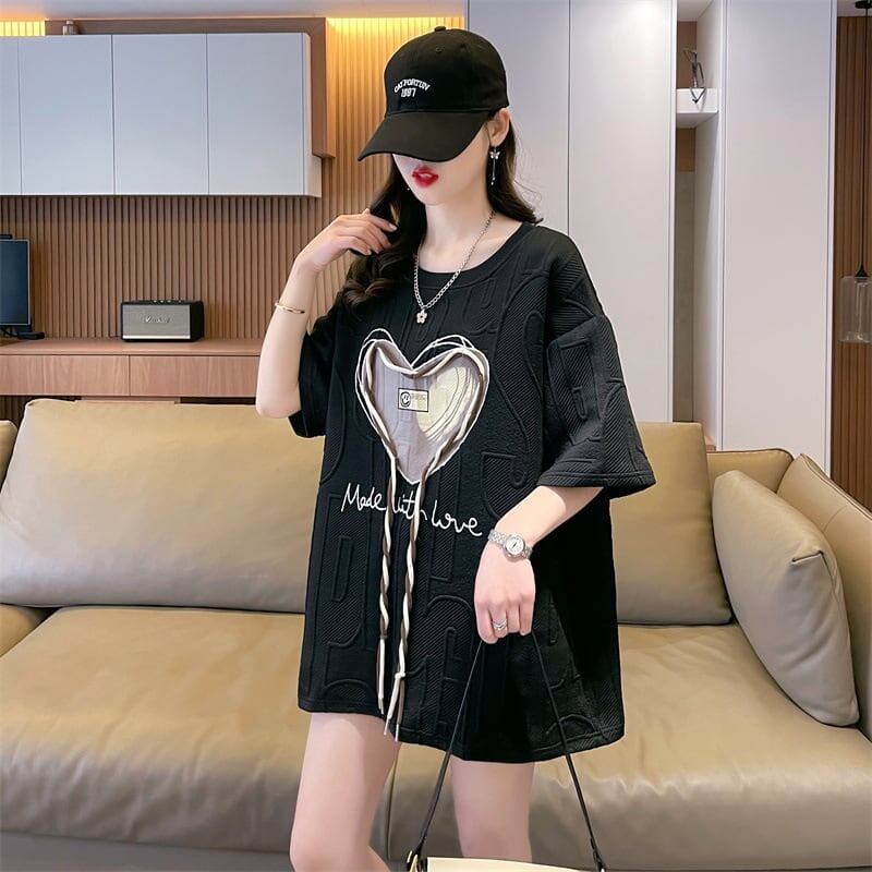 着心地良い ハート 立体風 プリントTシャツ 三色 ゆったり半袖＜S-2933＞