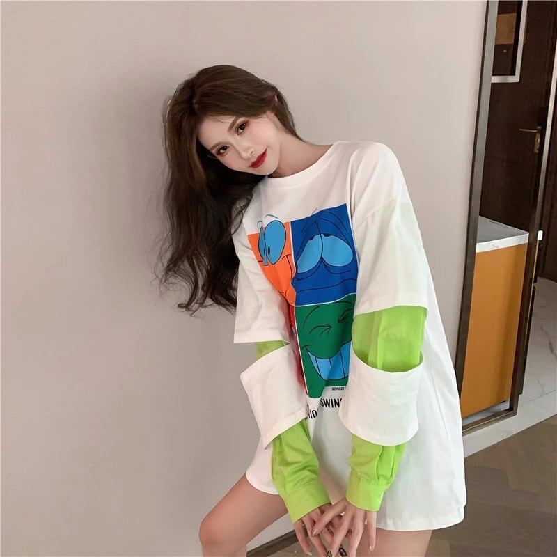 見逃し禁止レイヤード  グラフィックプリント 二色長袖Tシャツ＜S-4065＞