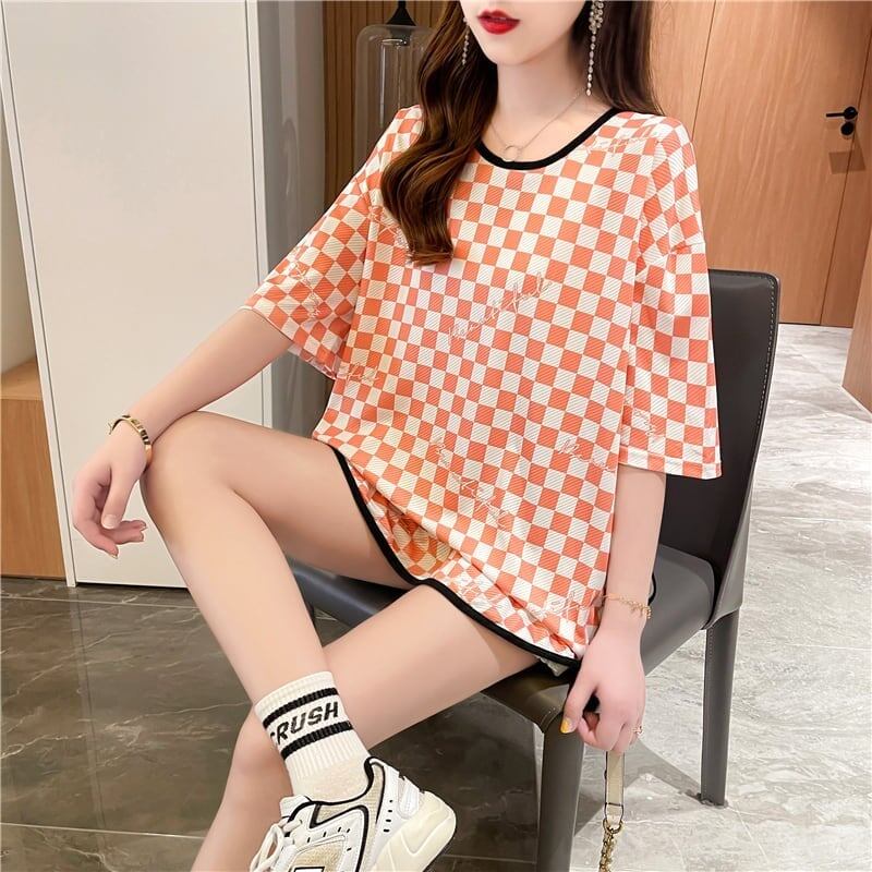 好感度満載 ラウンドネック 女性力を高める チェック柄 Tシャツ カットソー＜S-2985＞