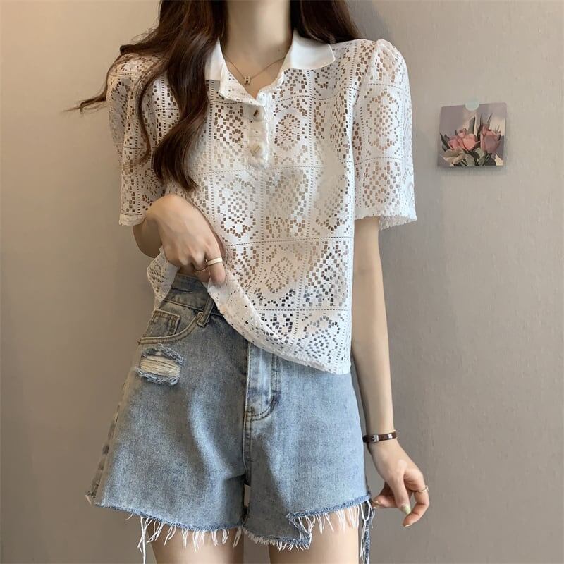 ファッション 透かし彫り 美人度アップ POLOネック Tシャツ カットソー＜S-3234＞