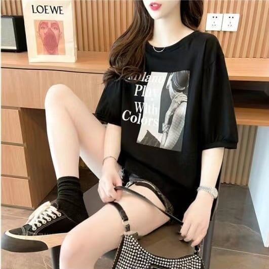 新作 リボン レース プリントTシャツ 白黒 ＜S-2844＞