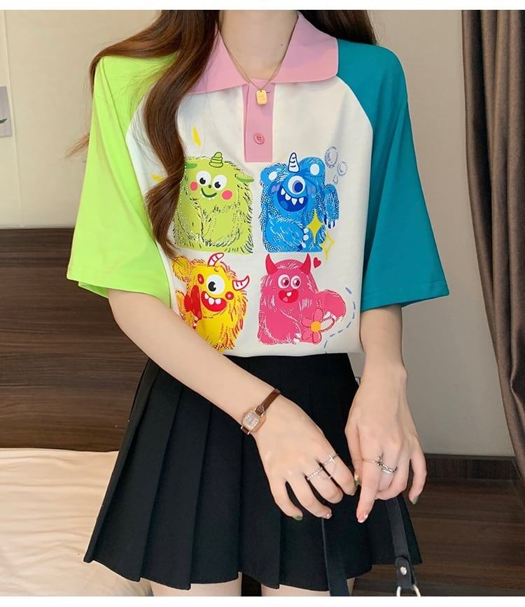 元気いっぱい カラーマッチング POLOネック プリント Tシャツ 半袖 ＜S-2979＞