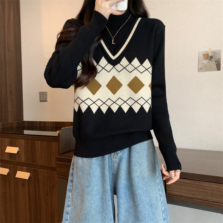 人気上昇中 レイヤード風 おしゃれ度高め 全2色 ニットトップス<S-9583>
