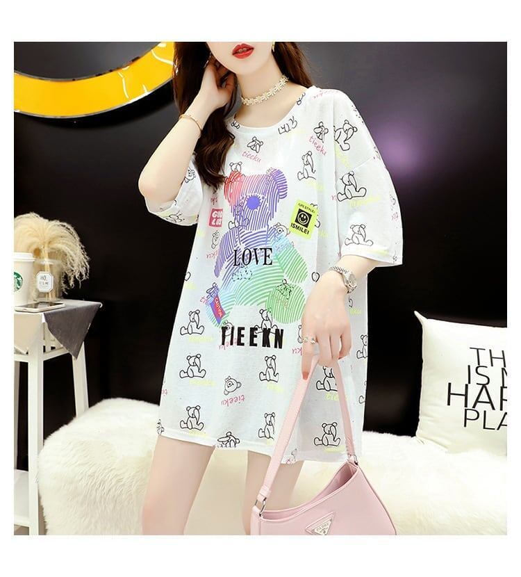 大活躍 プリント 熊柄 Tシャツ ラウンドネック ゆったり半袖＜S-3004＞