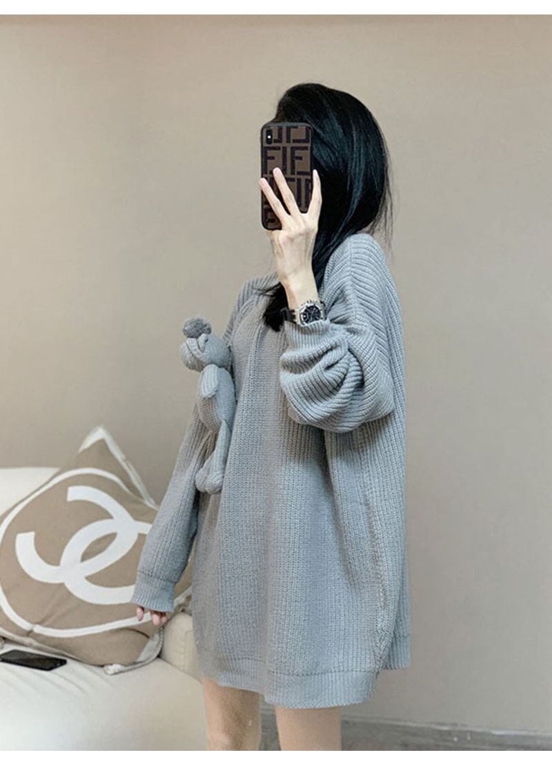 気質満点ぬいぐるみ付きグレーゆったりニットセーター＜S-4659＞