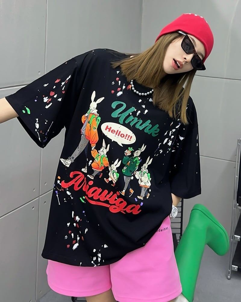早い者勝ち キュート ファッション ルーズ 落書き風 プリント半袖Tシャツ 全3色<S-4913>