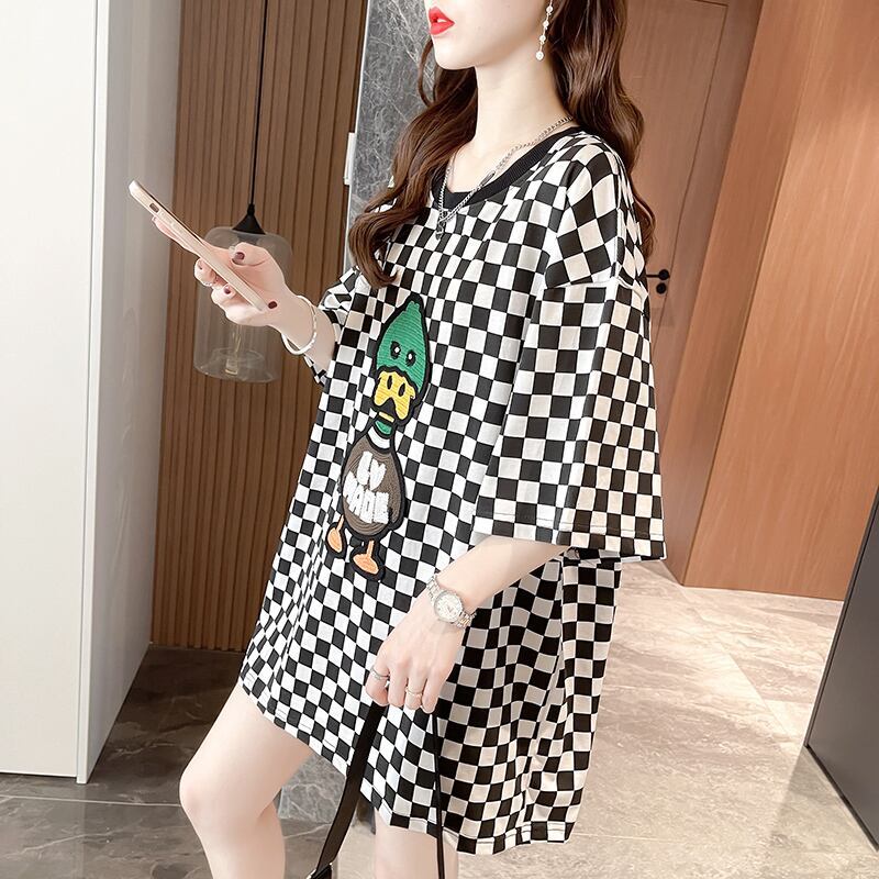 新商品 プリントTシャツ チェック柄 ゆったり半袖＜S-8694＞