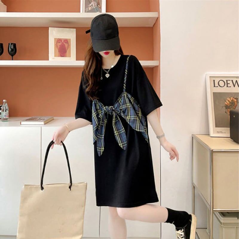 美人度アップ プリント 美腿効果抜群 Tシャツ カットソー ワンピース＜S-3357＞