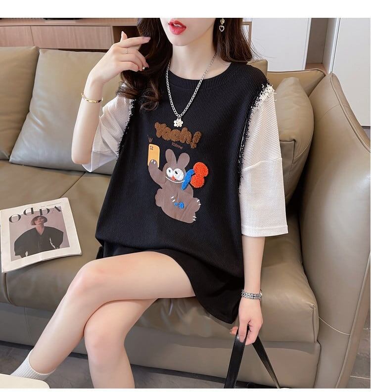 ワッフルフェイクツーピース漫画立体刺繍半袖Tシャツ<S-2871>