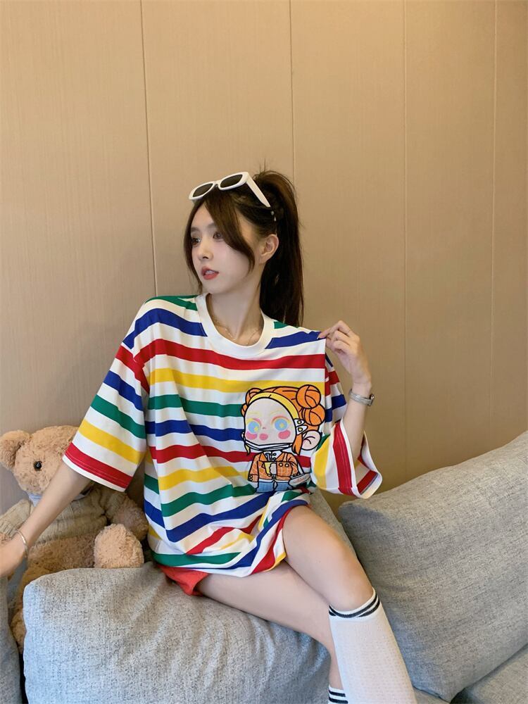 売り切れ必至 トレンドアイテム 存在感抜群 ストライプ柄 半袖Tシャツ<S-9270>