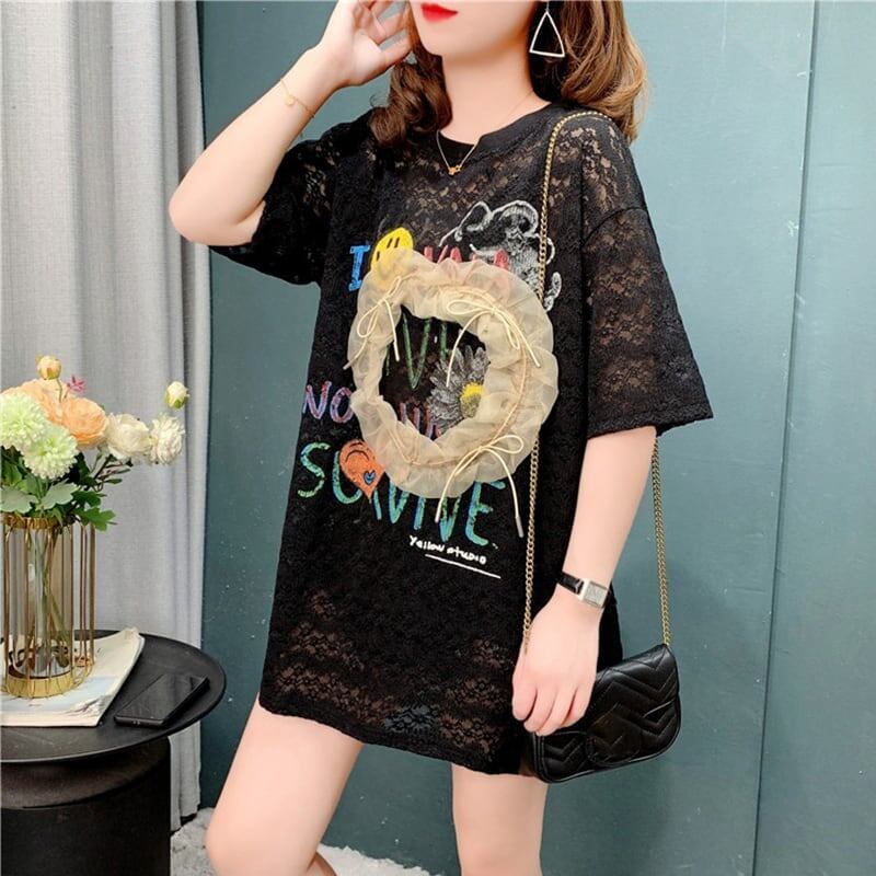 デザイン感 透かし彫り チャーミング プリント Tシャツ カットソー＜S-3199＞