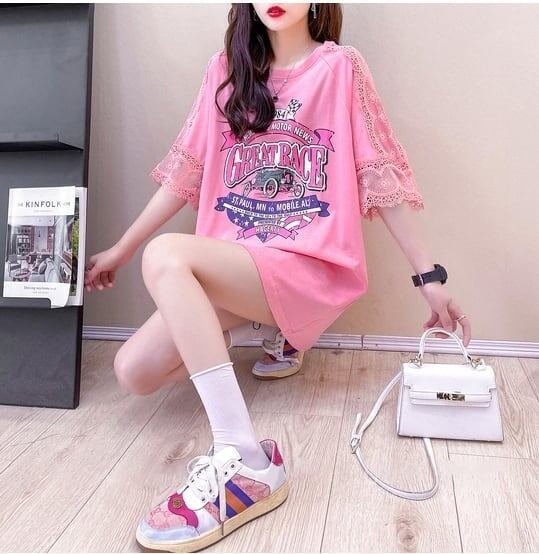 新作 プリントTシャツ ロング 半袖 ピンク＜S-2810＞
