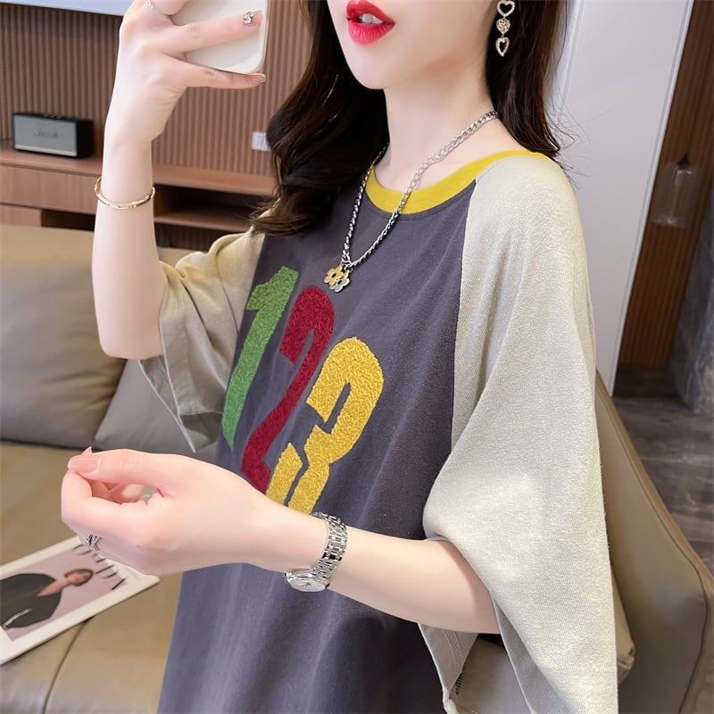 絶対欲しい カラーマッチング 数字刺 ロング Tシャツ ゆったり 半袖 ＜S-2896＞