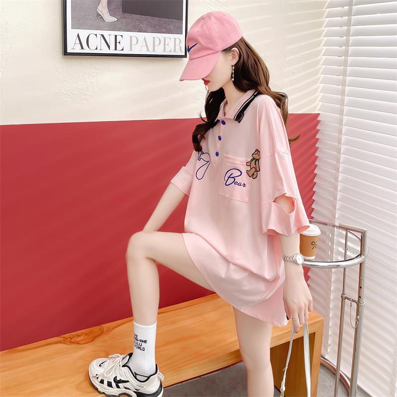 POLOネック ポケット ベアー レース ロング Tシャツ 三色 ゆったりワンピース＜S-3991＞