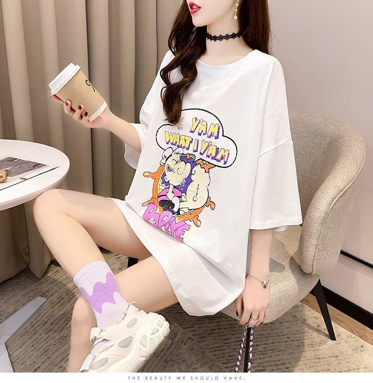 【半額！期間限定！！】グラフィック レース 透かし彫り ロング Tシャツ ゆったりワンピース ＜S-4021＞