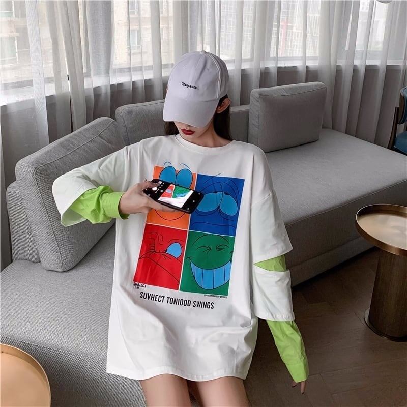 見逃し禁止レイヤード  グラフィックプリント 二色長袖Tシャツ＜S-4065＞