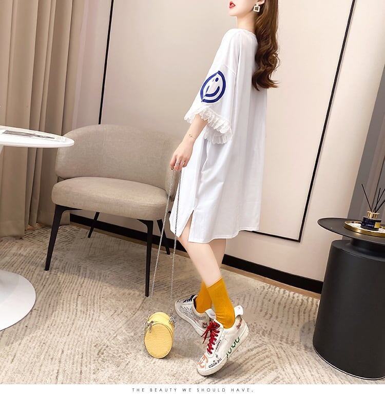 夏新作 アルファベット オーバーサイズ フリル プリントTシャツ 三色 ゆったり半袖＜S-3009＞