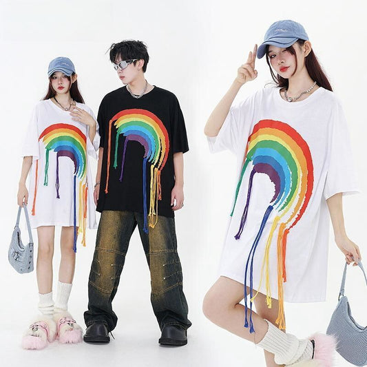 好感度UP 虹ロゴ タッセル ゆったり Tシャツ 全2色 ユニセックス半袖<S-4863>