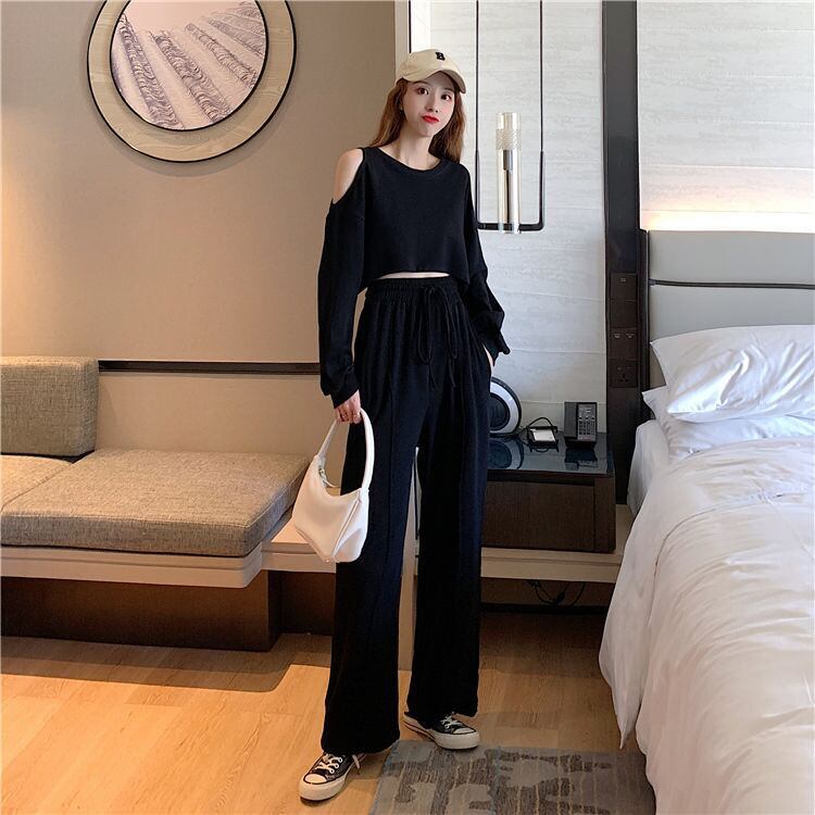 韓国風ファッション カジュアル ?感?佳 全2色 長袖Tシャツ＆ハイウエストワイドレッグパンツのセットアップ<S-9103>