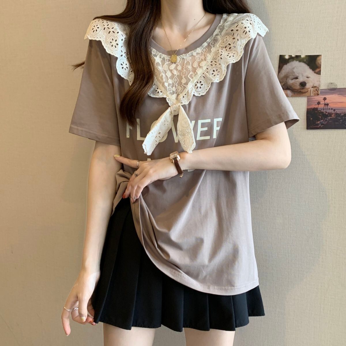 超人気 レース スウィート 切り替え プリント 3色選択 半袖Tシャツ＜S-8825＞