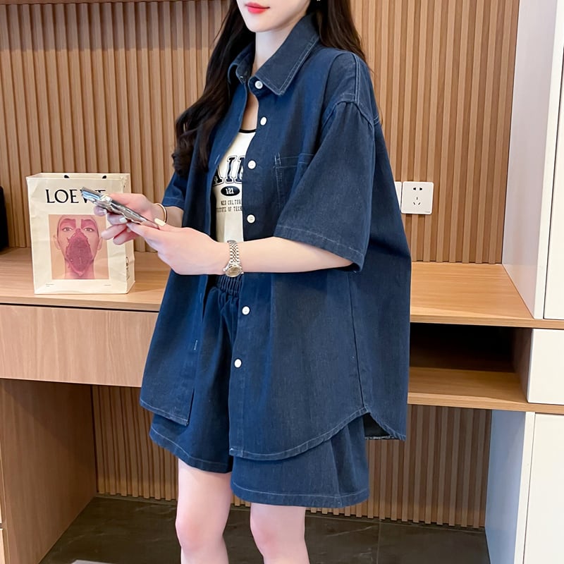 オーバーサイズ 半袖 デニム シャツ + ショートパンツ セットアップ <S-13150>
