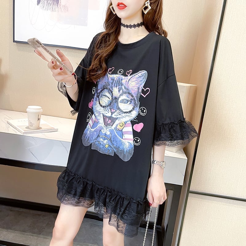 好感度満載 プリント 美感いっぱい Tシャツ カットソー ワンピース＜S-3428＞