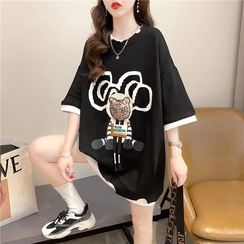 気質ルーズ漫画プリントミッドレングス半袖Tシャツ<S-3026>