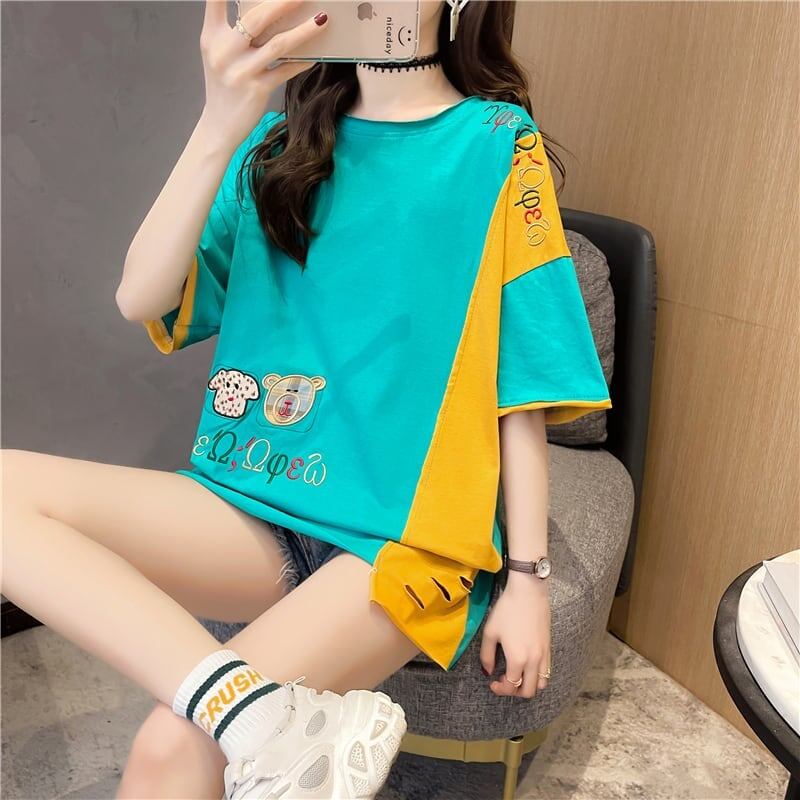 韓国風漫画刺繍ワッペン半袖Tシャツ<S-2991>