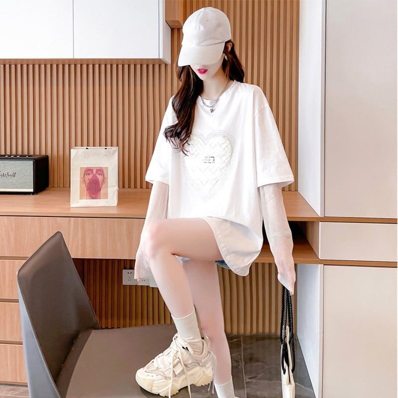 個性的なデザイン プリント 日焼け対策 切り替え Tシャツ カットソー＜S-3003＞