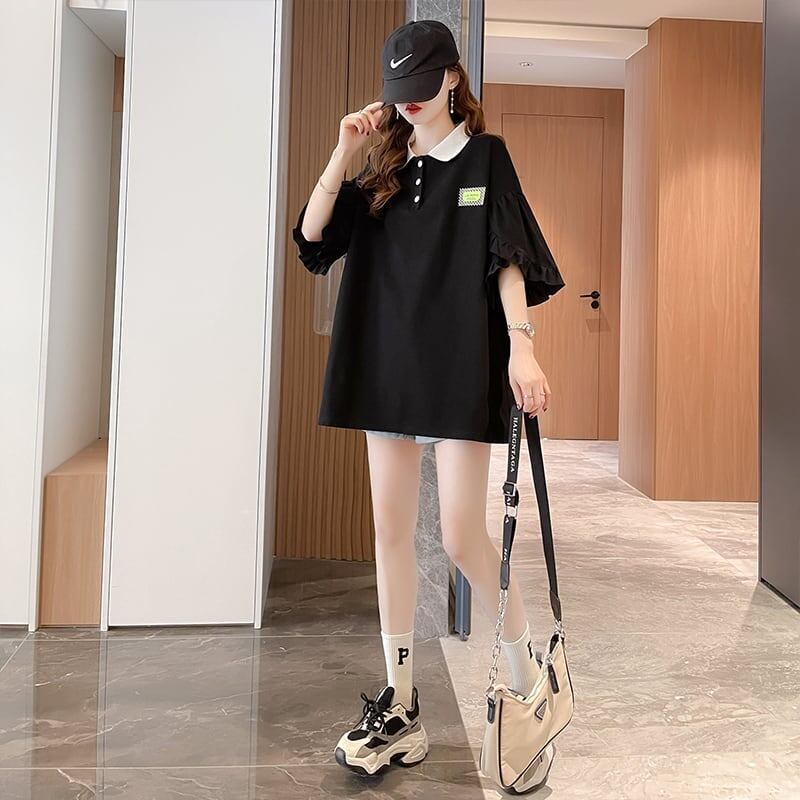 おすすめ POLOネック シンプル フリル ロング Tシャツ 三色 ゆったり半袖 ＜S-3055＞