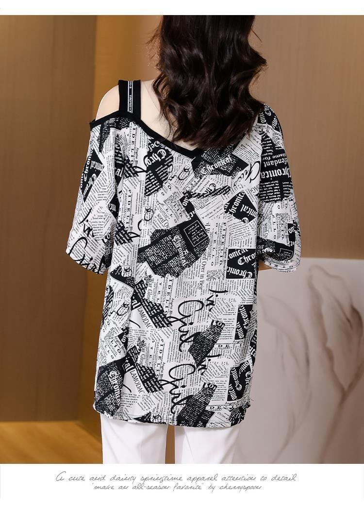 【半額！期間限定！！】絶対流行 特別デザイン 個性派 シフォン プリント 半袖Tシャツ＜S-8610＞