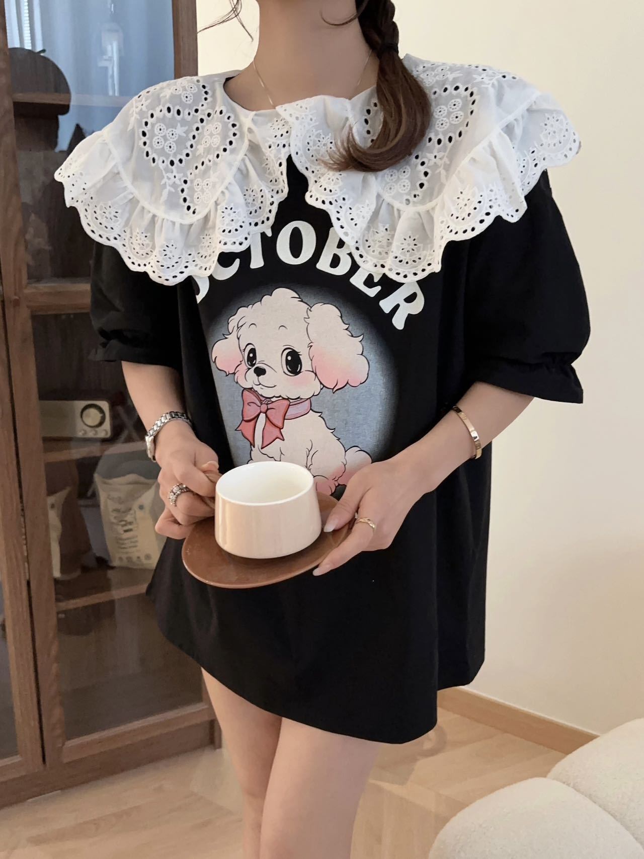 スウィート ワンちゃんロゴ 韓国系 ゆったりTシャツ半袖<S-4882>